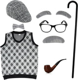 4E's Novelty Old Man Costume – Vest, Cane & 8-Pc Dress-Up Kit for Kids (Large)