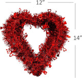 4E's Novelty 14” Valentines Tinsel Wreath – Red Heart Design for Front Door & Romantic Decor