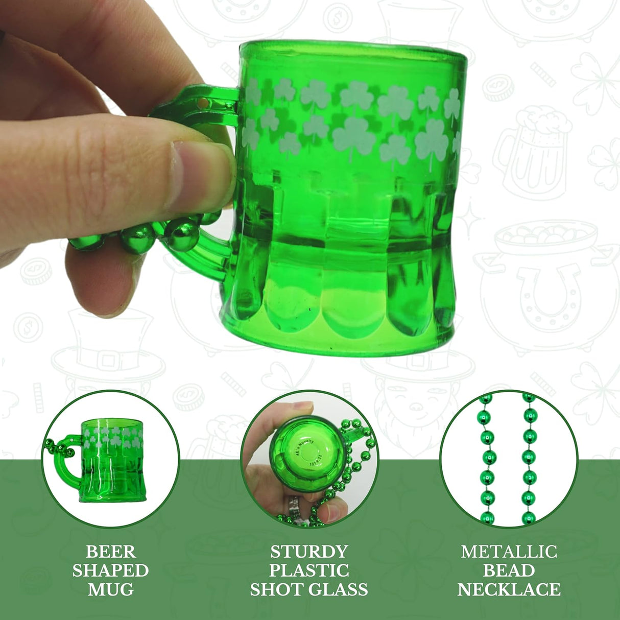 4E's Novelty St. Patrick’s Day Beads Necklace With Shot Glasses Beer Mug - Pack of 12, Shamrock Party Favors & Costume Accessories