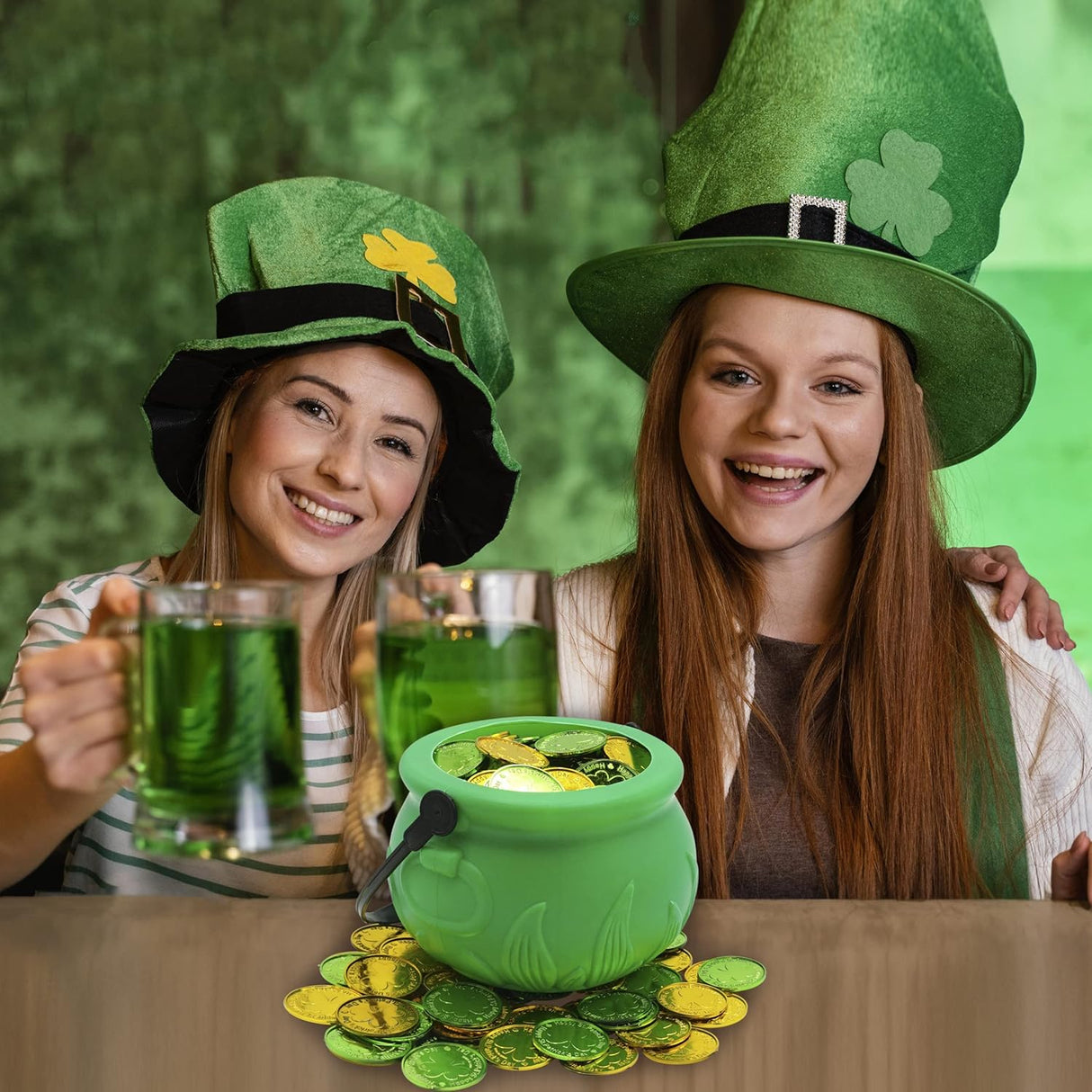 4E's Novelty St. Patrick’s Day Pot of Gold with 100 Lucky Coins – Leprechaun Decorations, Green & Gold Coins for Irish Party Favors