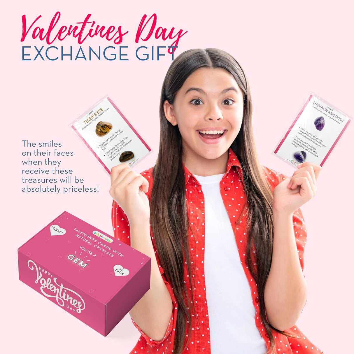 4E's Novelty 30-Pack Valentines Cards with Rock Gems – Natural Crystal Cards for Kids' Gifts