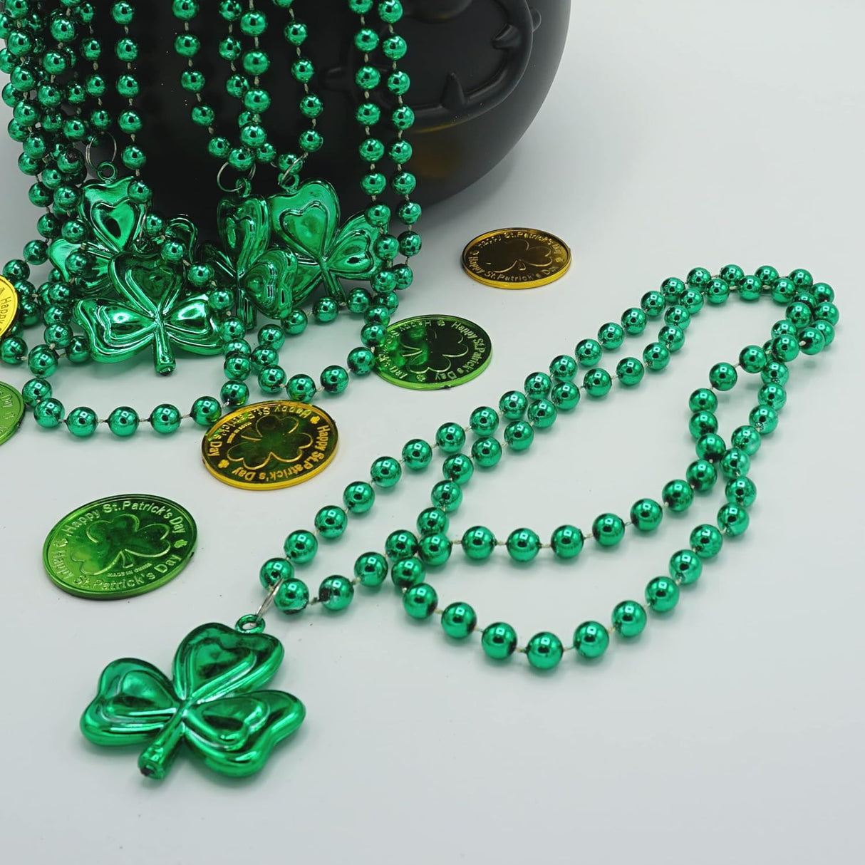 4E's Novelty St. Patrick's Day Beads Necklace Bulk (24 Pack) – Shamrock Green Beads for Irish Party Favors