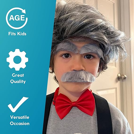 4E's Novelty Old Man Costume – Suspenders, Mustache, Eyebrows & Bow Tie for Kids