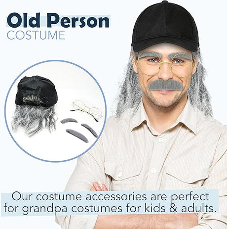 4E's Novelty Old Man Kit – Hat, Wig, Glasses, Mustache & Eyebrows for Kids & Adults