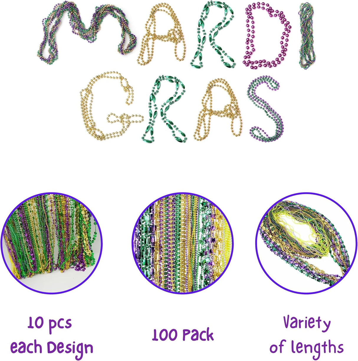 4E's Novelty 100-Piece Assorted Mardi Gras Bead Necklaces – Metallic Purple, Gold, Green