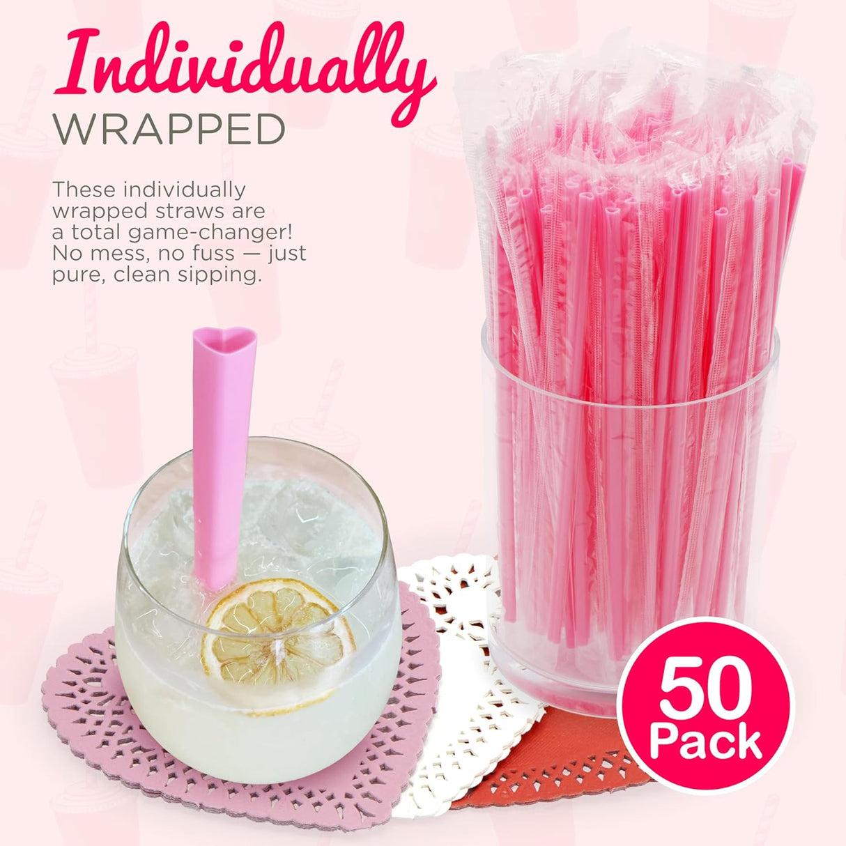 4E's Novelty 50-Pcs Pink Heart Straws & Doilies – Perfect for Valentines & Wedding Decorations