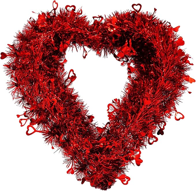 4E's Novelty 14” Valentines Tinsel Wreath – Red Heart Design for Front Door & Romantic Decor