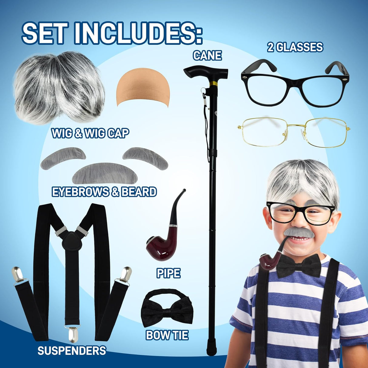 4E's Novelty Old Man Costume – 10-Pc Grandpa Dress-Up Kit with Wig & Cane for Kids