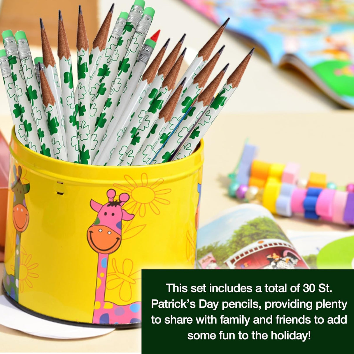 4E's Novelty St. Patrick's Day Pencils – 30-Pack Green & White Shamrock Pencils for Party Favors