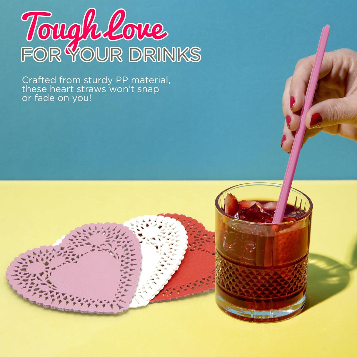 4E's Novelty 50-Pcs Pink Heart Straws & Doilies – Perfect for Valentines & Wedding Decorations