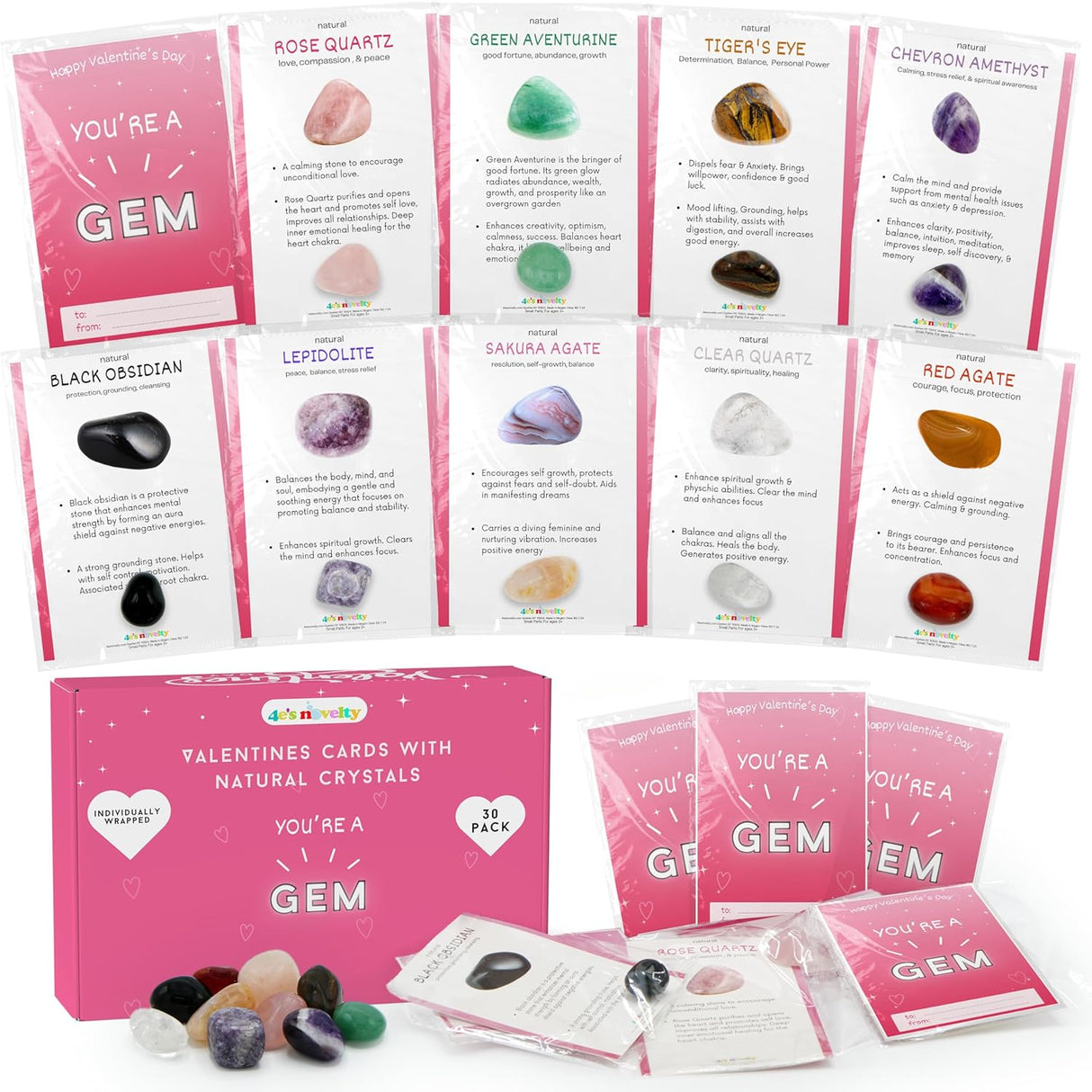 4E's Novelty 30-Pack Valentines Cards with Rock Gems – Natural Crystal Cards for Kids' Gifts