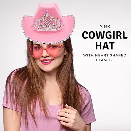 Preppy Pink Cowgirl Hat & Heart Sunglasses - Adult Western Costume