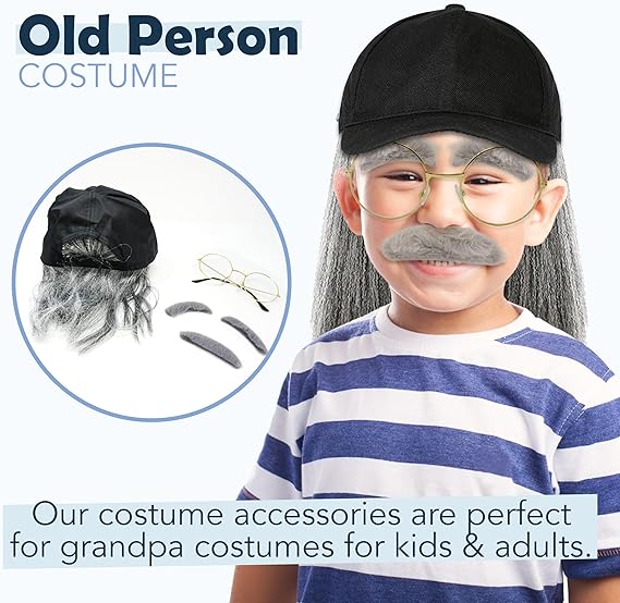 4E's Novelty Old Man Kit – Hat, Wig, Glasses, Mustache & Eyebrows for Kids & Adults