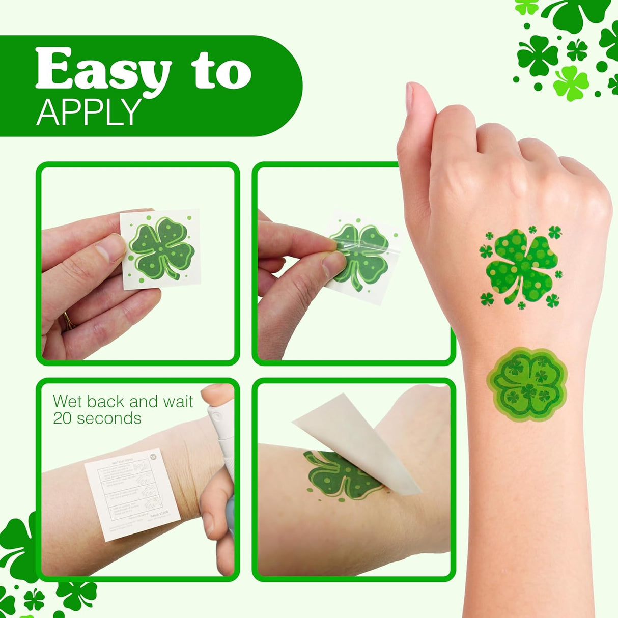 4E's Novelty 72-Pack Shamrock Tattoos – St. Patrick's Day Party Favors for Kids, Pre-Cut Designs