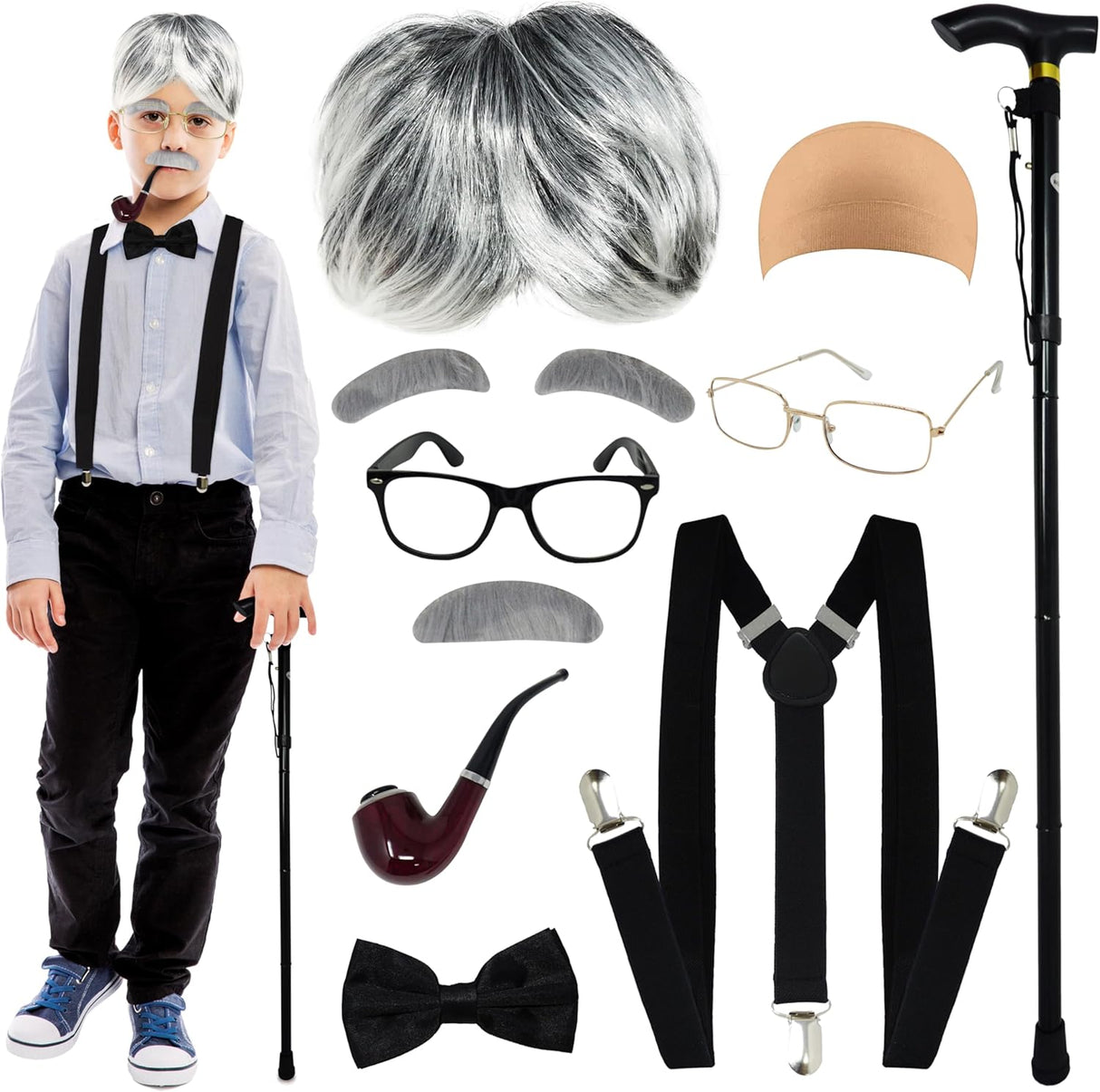 4E's Novelty Old Man Costume – 10-Pc Grandpa Dress-Up Kit with Wig & Cane for Kids