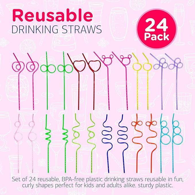 4E's Novelty 24 Pcs Reusable Twisty Straws – Colorful BPA-Free Crazy Straws for Kids & Adults