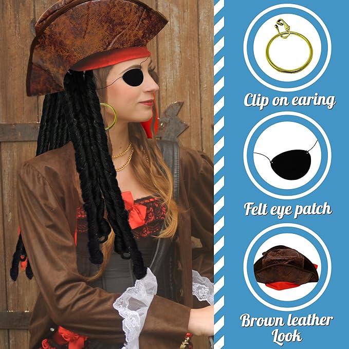 4E's Novelty 3 Pcs Set Pirate Hat with Dreadlocks Adult Size - Tricorn Pirate Hat - Caribbean Pirate Costume Accessories for Men Women & Kids Dress Up