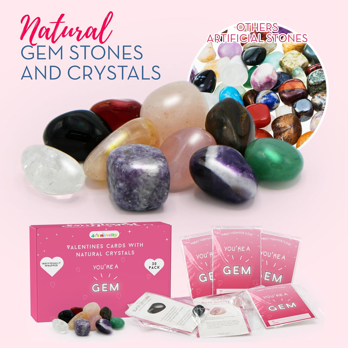 4E's Novelty 30-Pack Valentines Cards with Rock Gems – Natural Crystal Cards for Kids' Gifts