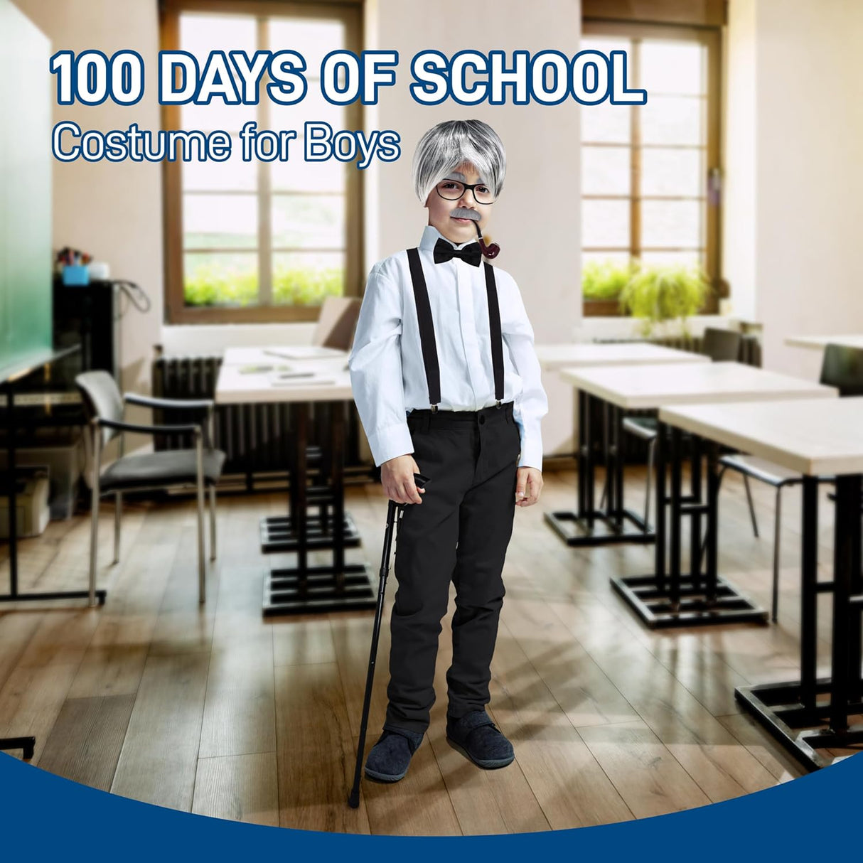 4E's Novelty Old Man Costume – 10-Pc Grandpa Dress-Up Kit with Wig & Cane for Kids