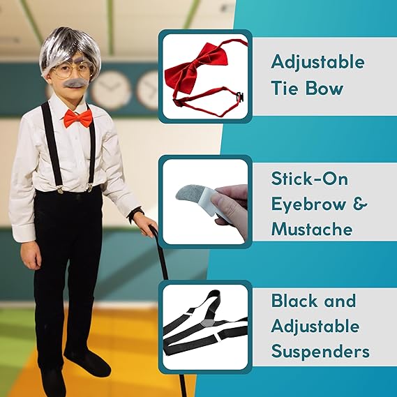 4E's Novelty Old Man Costume – Suspenders, Mustache, Eyebrows & Bow Tie for Kids