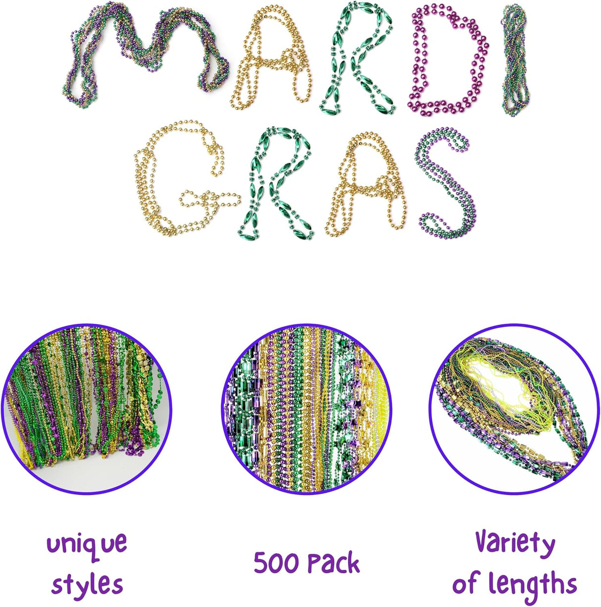 4E's Novelty Mardi Gras Beads Bulk – 500 Metallic Assorted Necklaces