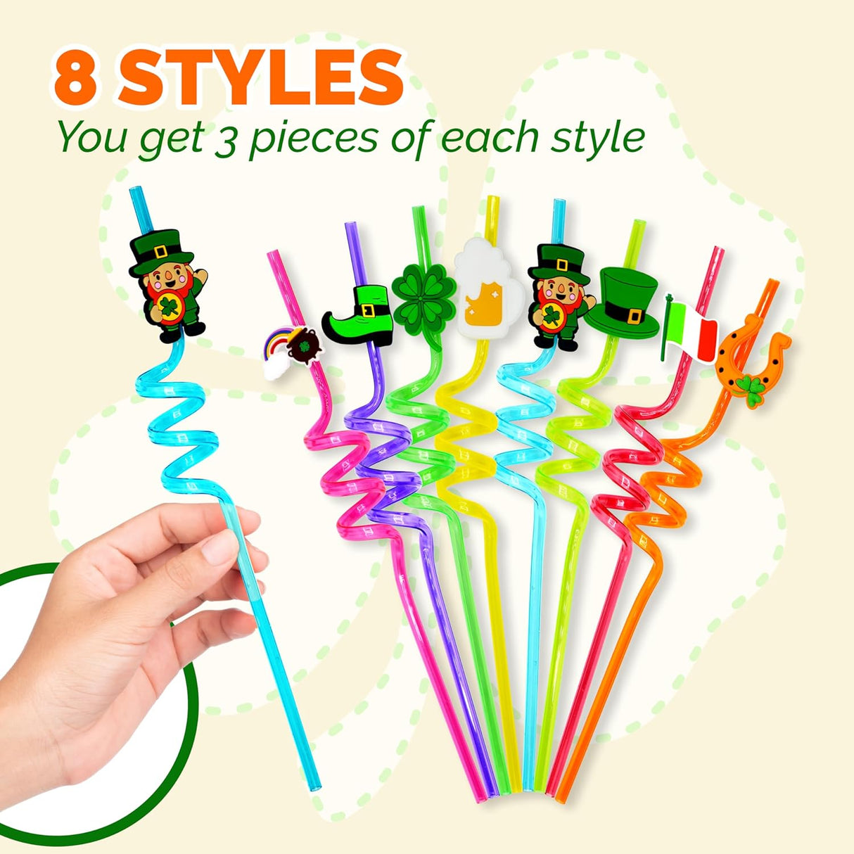 4E's Novelty St. Patrick's Day Party Straws – 24 Reusable Shamrock Straws for Kids & Adults