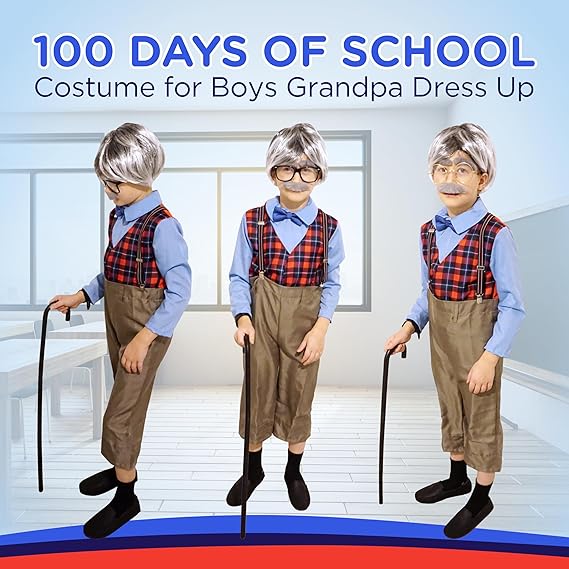 4E's Novelty Grandpa Costume – 6-Pc Old Man Outfit with Cane for Kids (Medium)