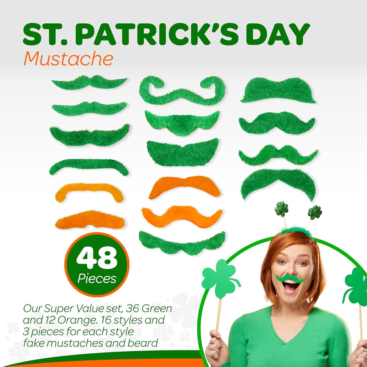 4E's Novelty 48-Pack St. Patrick's Day Mustache Set – Fun Green & Orange Self-Adhesive Accessories