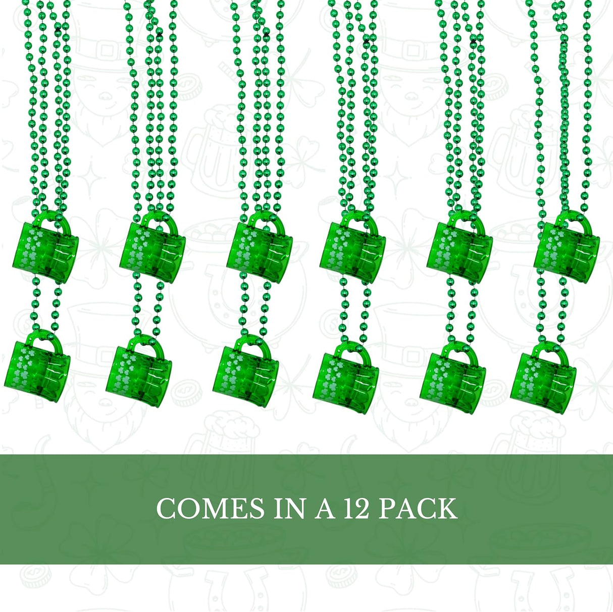 4E's Novelty St. Patrick’s Day Beads Necklace With Shot Glasses Beer Mug - Pack of 12, Shamrock Party Favors & Costume Accessories