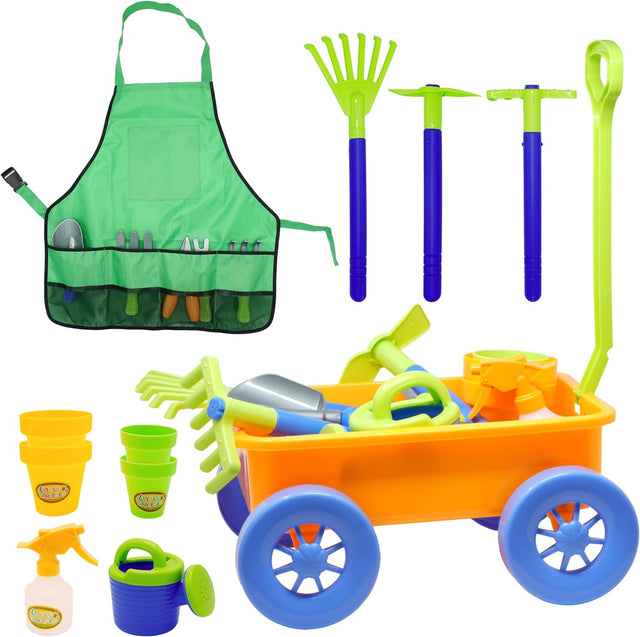 4EsNovelty 15-Piece Kids Gardening Essentials, Wagon & Outdoor Toys for Toddlers 1-3 Age