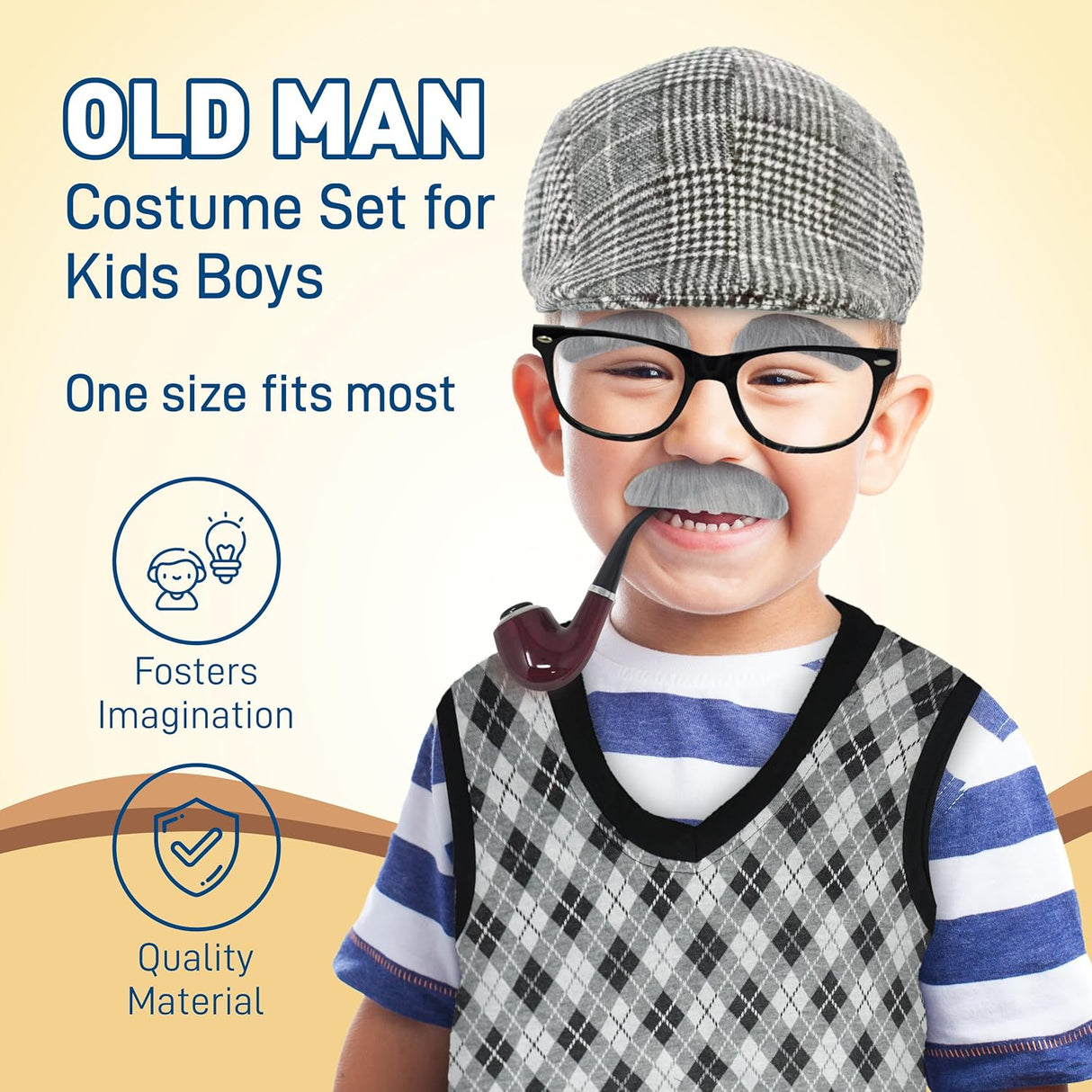 4E's Novelty Old Man Costume – Vest, Cane & 8-Pc Dress-Up Kit for Kids (Medium)