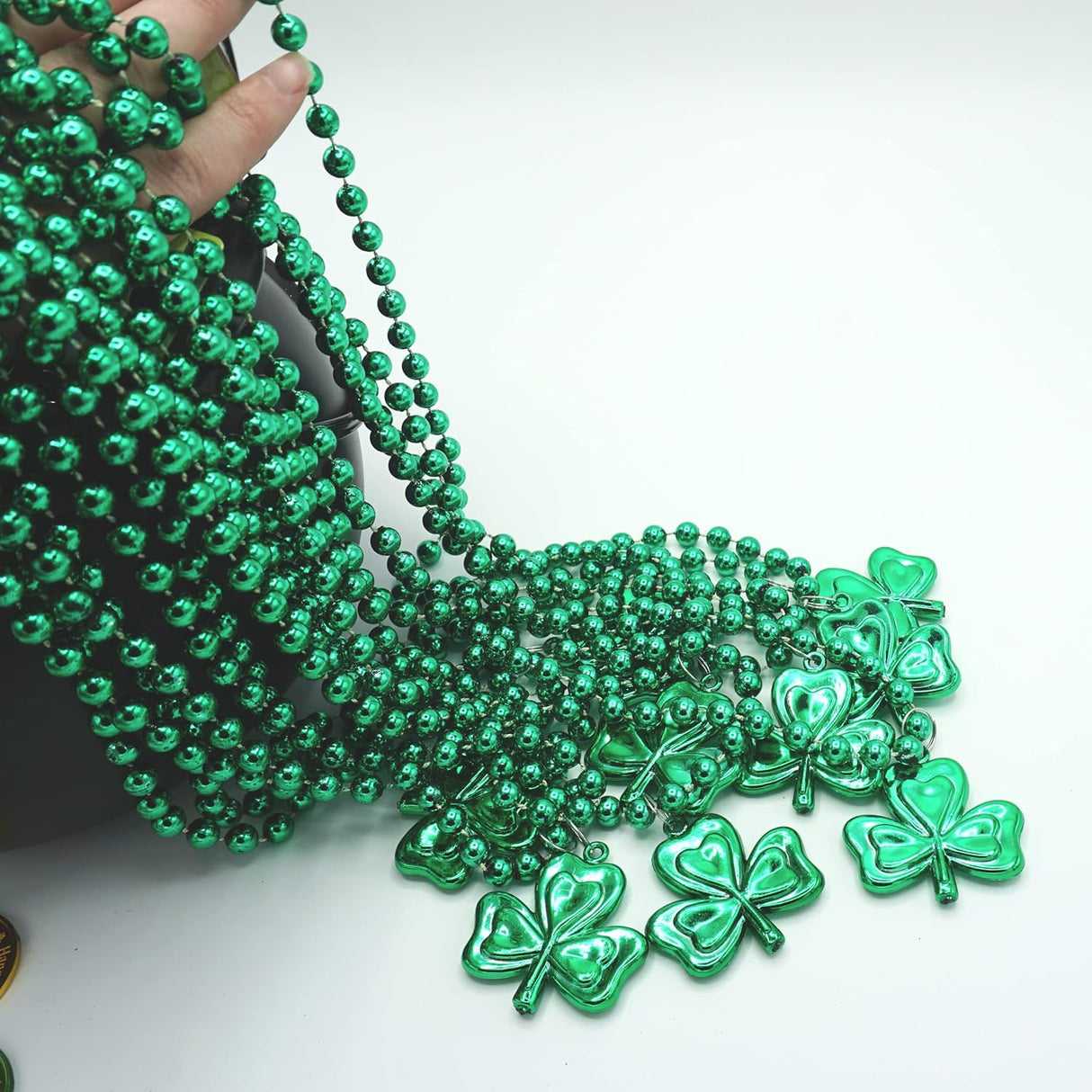 4E's Novelty St. Patrick's Day Beads Necklace Bulk (24 Pack) – Shamrock Green Beads for Irish Party Favors