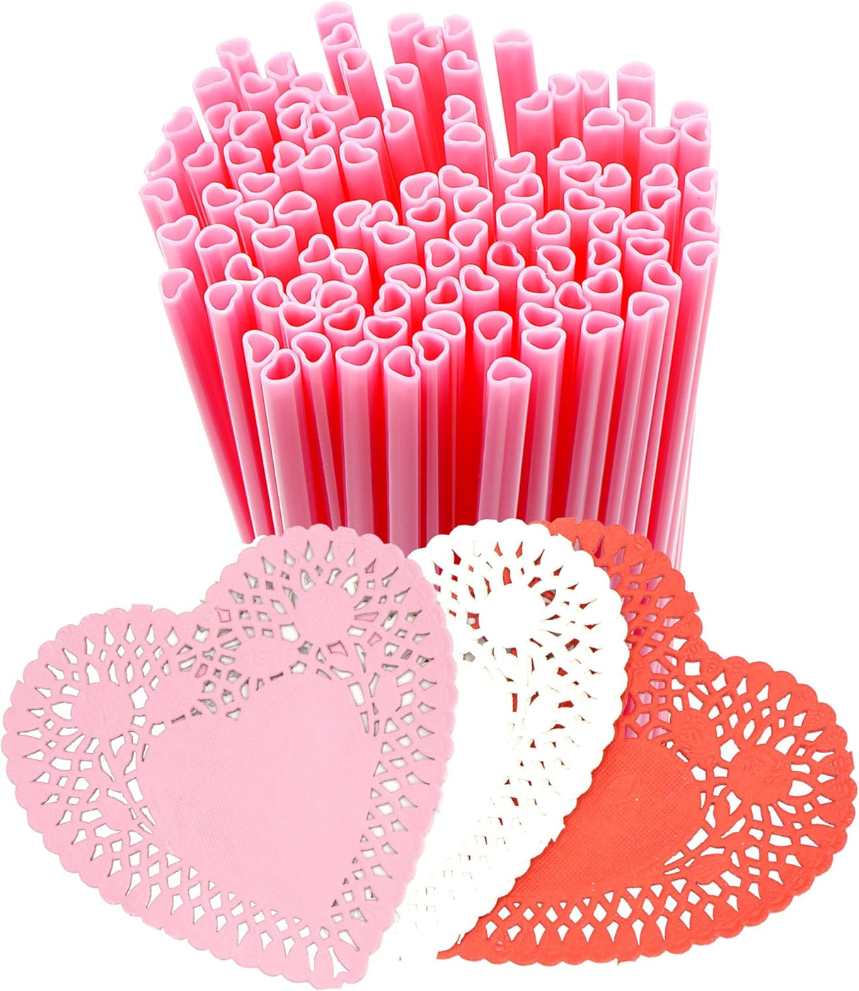 4E's Novelty 50-Pcs Pink Heart Straws & Doilies – Perfect for Valentines & Wedding Decorations