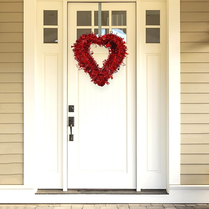 4E's Novelty 14” Valentines Tinsel Wreath – Red Heart Design for Front Door & Romantic Decor