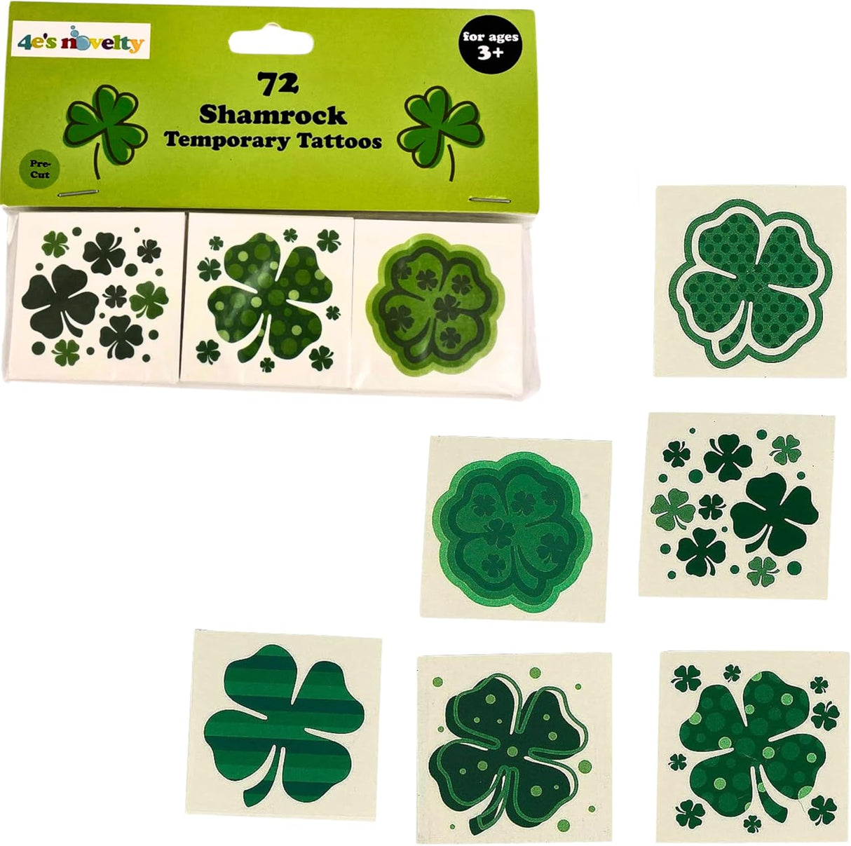 4E's Novelty 72-Pack Shamrock Tattoos – St. Patrick's Day Party Favors for Kids, Pre-Cut Designs