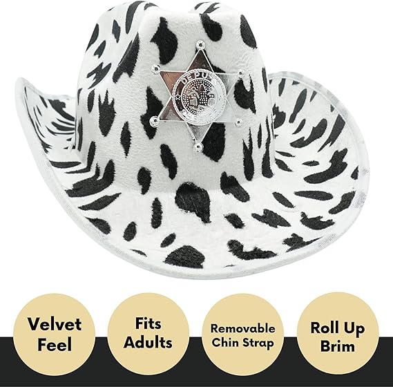 4E's Novelty Cow Print Cowboy Hat with Accessory - Cowgirl Hat for Women & Men Adult Size - Western Hat, Cowboy Costume Accessories