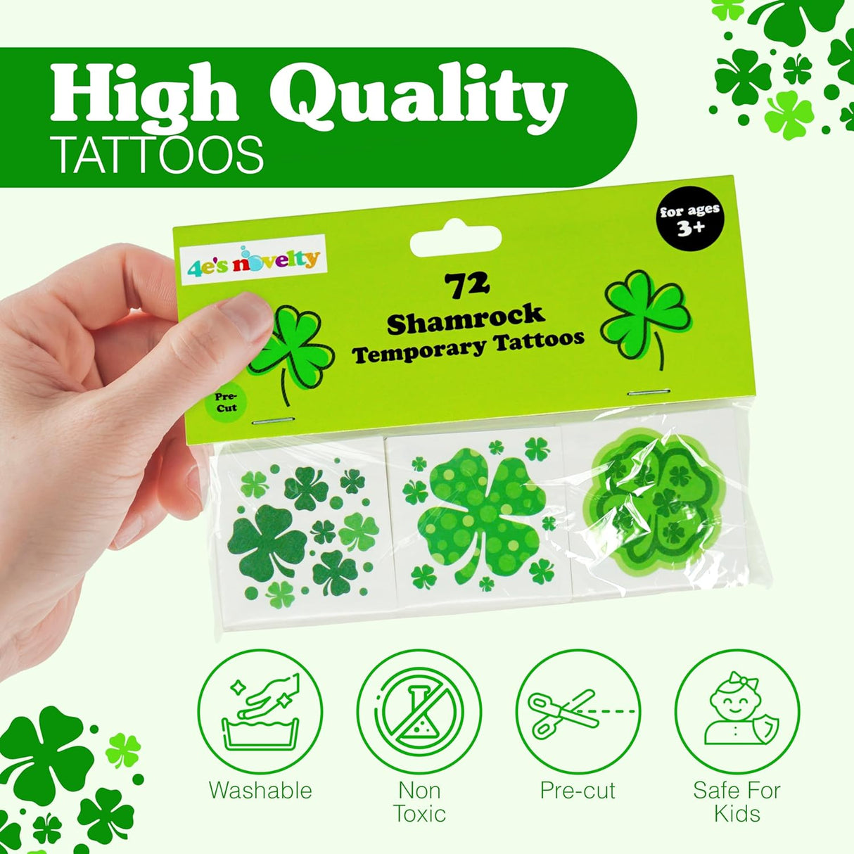 4E's Novelty 72-Pack Shamrock Tattoos – St. Patrick's Day Party Favors for Kids, Pre-Cut Designs