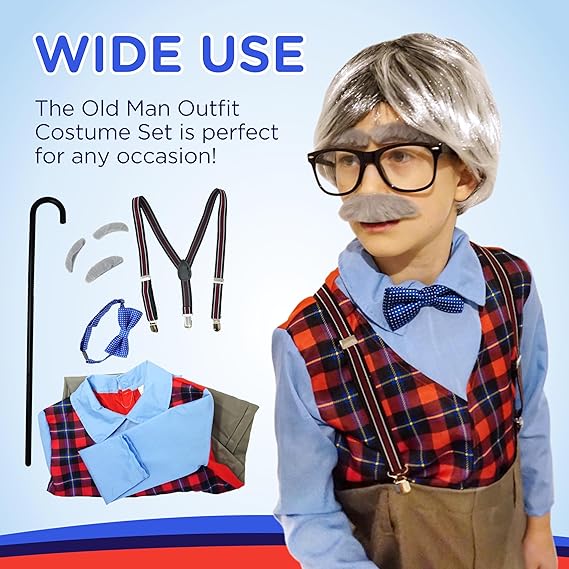 4E's Novelty Grandpa Costume – 6-Pc Old Man Outfit with Cane for Kids (Medium)