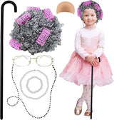 4E's Novelty Old Lady Costume – 7-Pc Grandma Set with Wig, Cane & Glasses for Girls