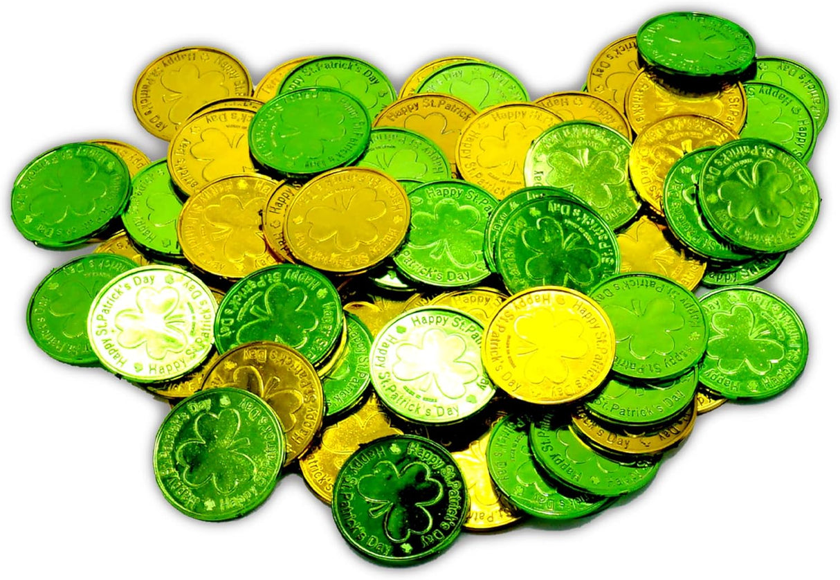 4E's Novelty St. Patrick’s Day Pot of Gold with 100 Lucky Coins – Leprechaun Decorations, Green & Gold Coins for Irish Party Favors