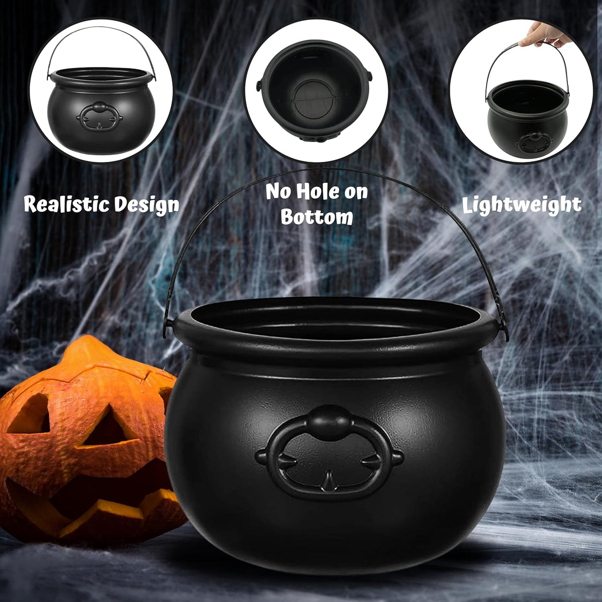 4E's Novelty 7.5" Halloween Plastic Cauldron, Durable Black Cauldron For Party Supplies, Large Halloween Candy Bowl, Perfect Halloween Decor