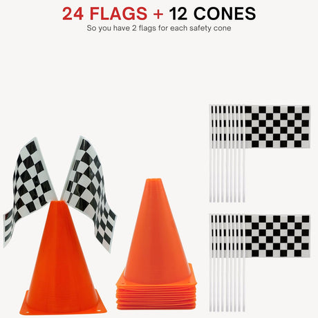 38 Pcs Set Includes 12 Traffic Cones, 24 Checkered Flags, and Racetrack Floor Runner for Birthday Party and Racing Theme Decoration by 4E's Novelty