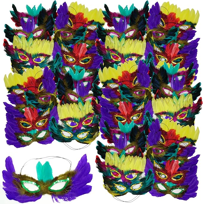 4E's Novelty 50-Pack Feathered Mardi Gras Masks for Adults Masquerade Party Accessories