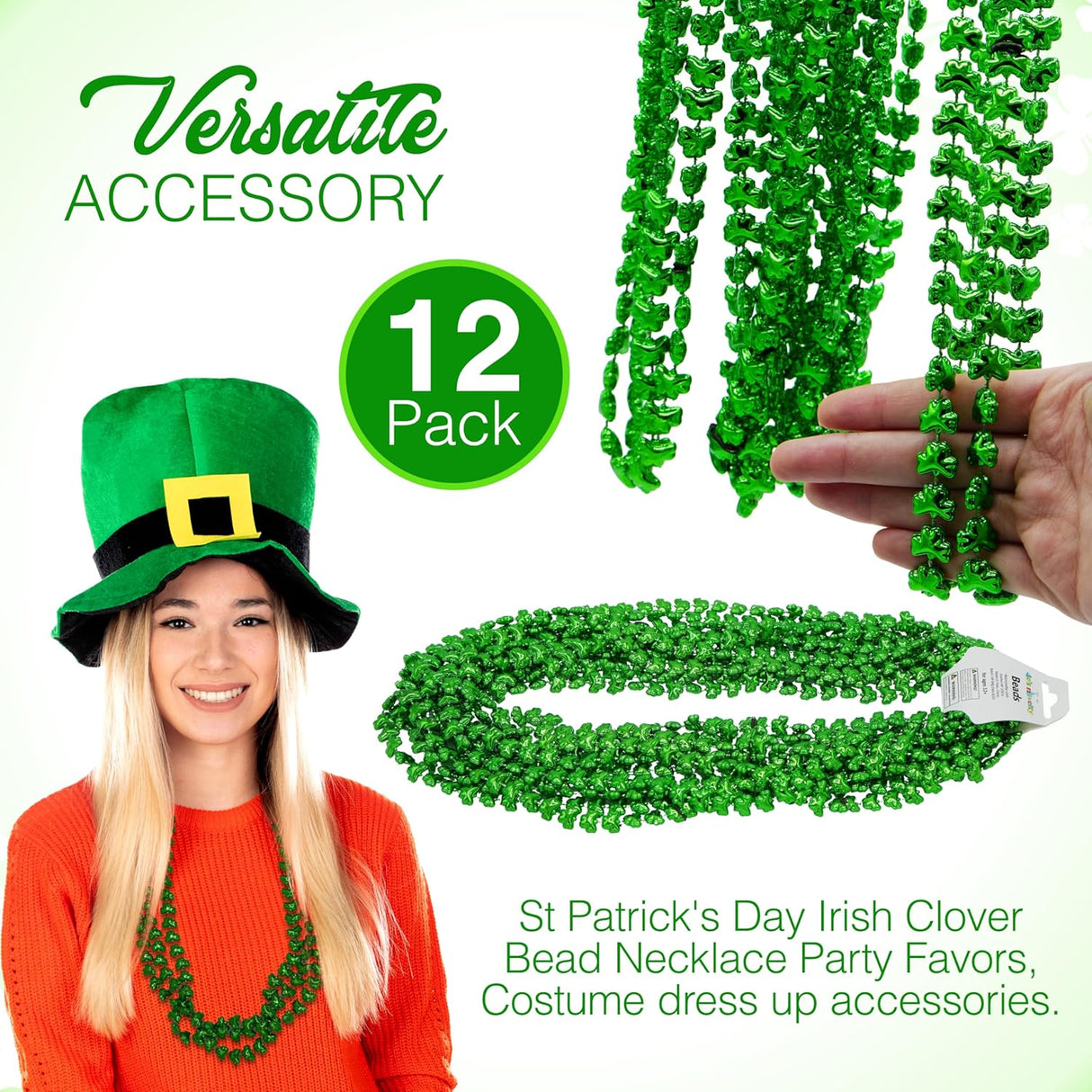 4E's Novelty St. Patrick's Day Beads – 12-Pack Shamrock Clover Green Necklaces for Party Favors