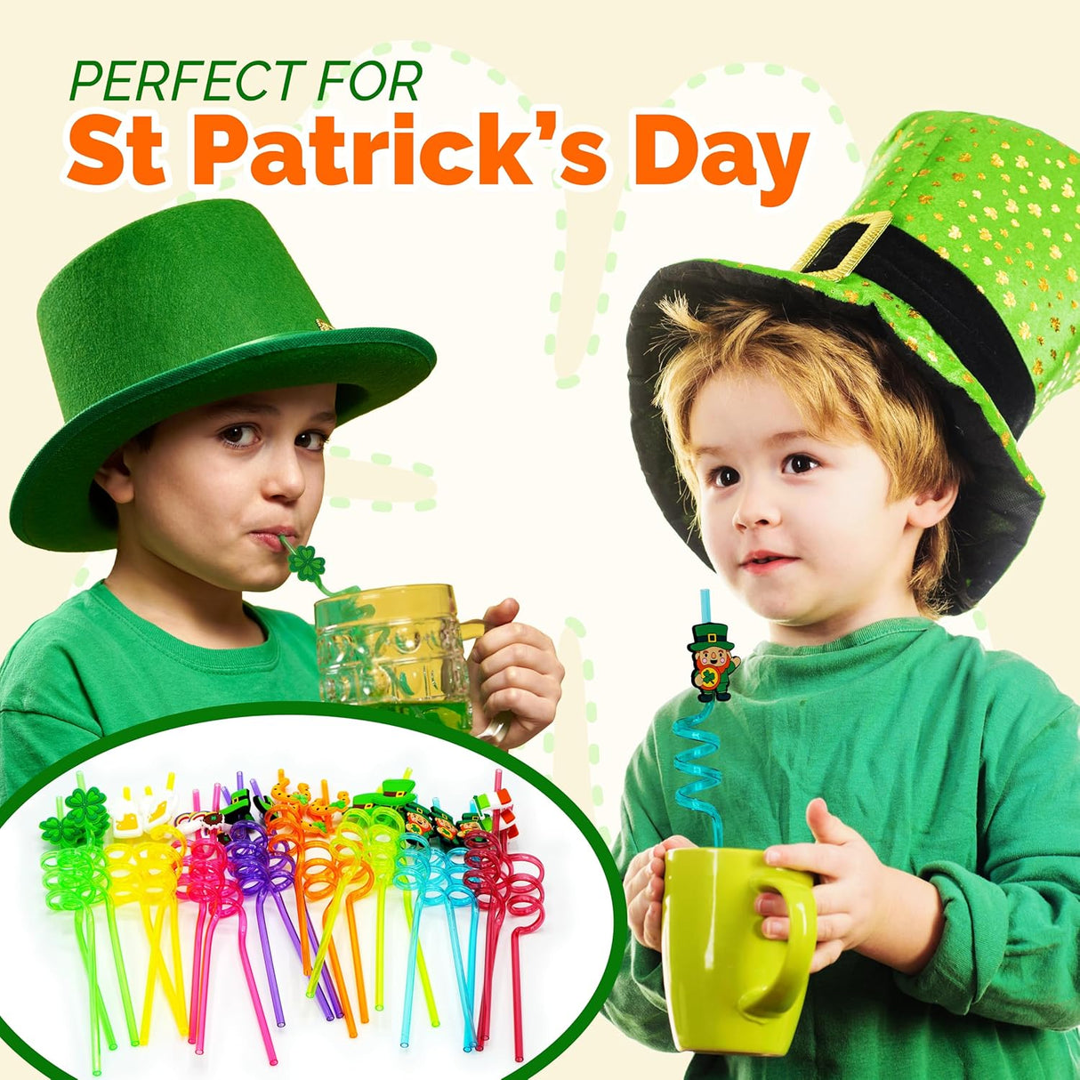 4E's Novelty St. Patrick's Day Party Straws – 24 Reusable Shamrock Straws for Kids & Adults