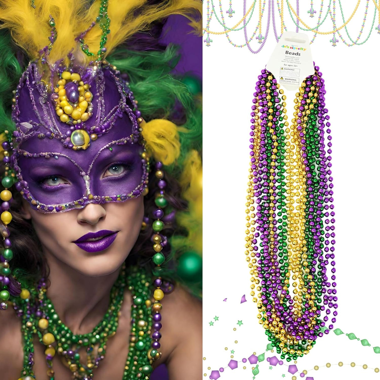 4E's Novelty 24-Pack Purple, Green & Gold Bead Necklaces Mardi Gras Party Supplies