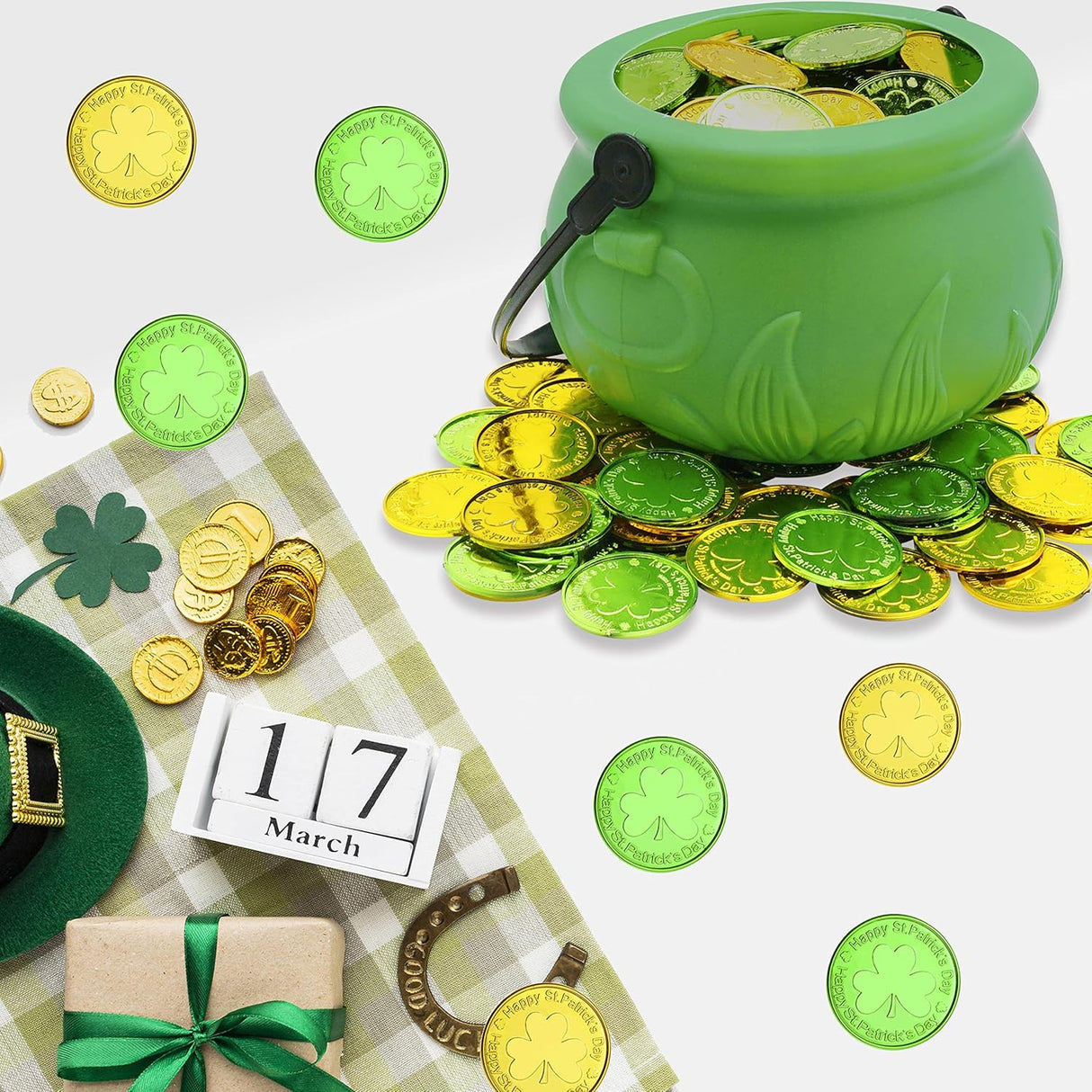 4E's Novelty St. Patrick’s Day Pot of Gold with 100 Lucky Coins – Leprechaun Decorations, Green & Gold Coins for Irish Party Favors