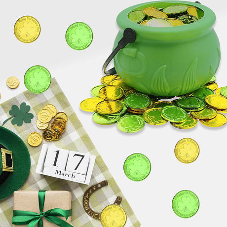 4E's Novelty St. Patrick’s Day Pot of Gold with 100 Lucky Coins – Leprechaun Decorations, Green & Gold Coins for Irish Party Favors