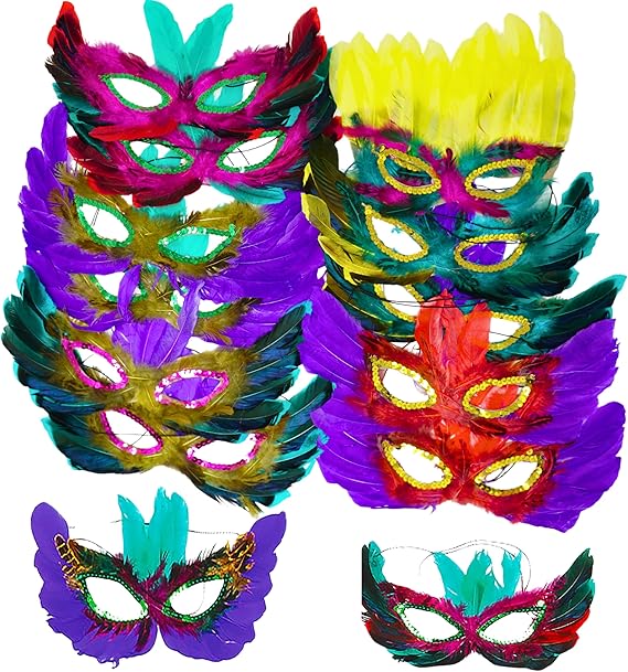 4E's Novelty 12-Pack Feathered Mardi Gras Masks for Adults Masquerade Accessories