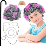 4E's Novelty Old Lady Costume – 7-Pc Grandma Set with Wig, Cane & Glasses for Girls